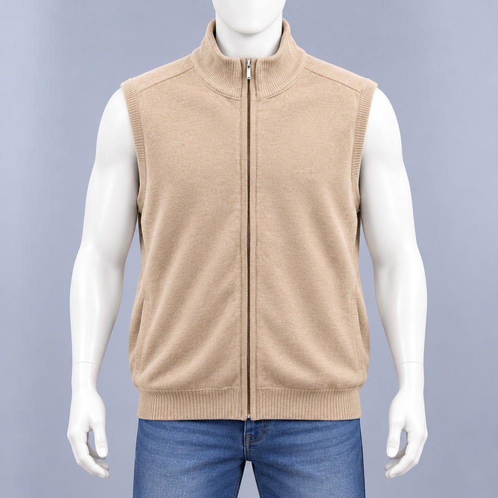 Weatherproof Full Zip Sweater Vest Mens XL Tan Beige Ribbed Mock Neck Layering